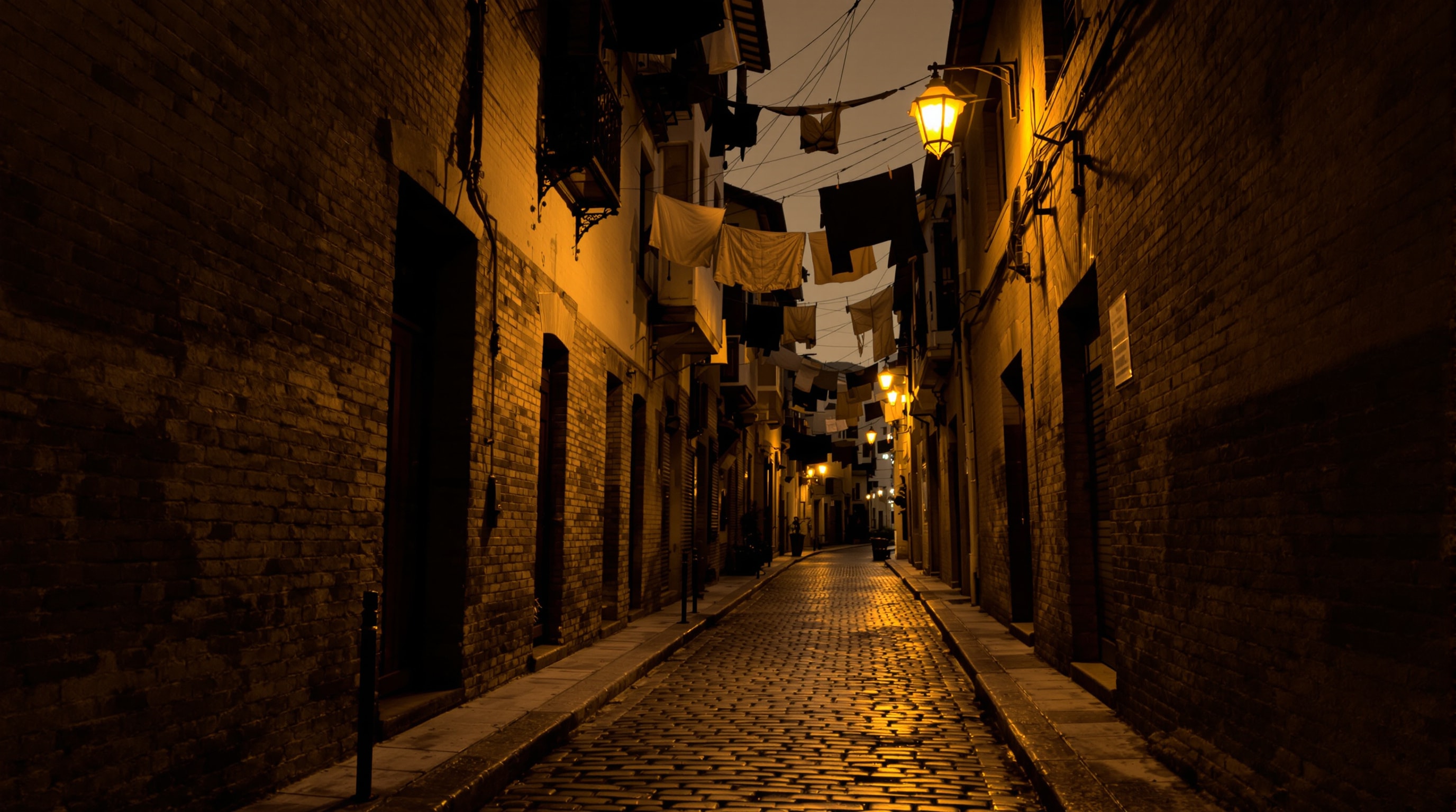 A sepia-toned old cobblestone alley in a Río de la Plata port neighbourhood