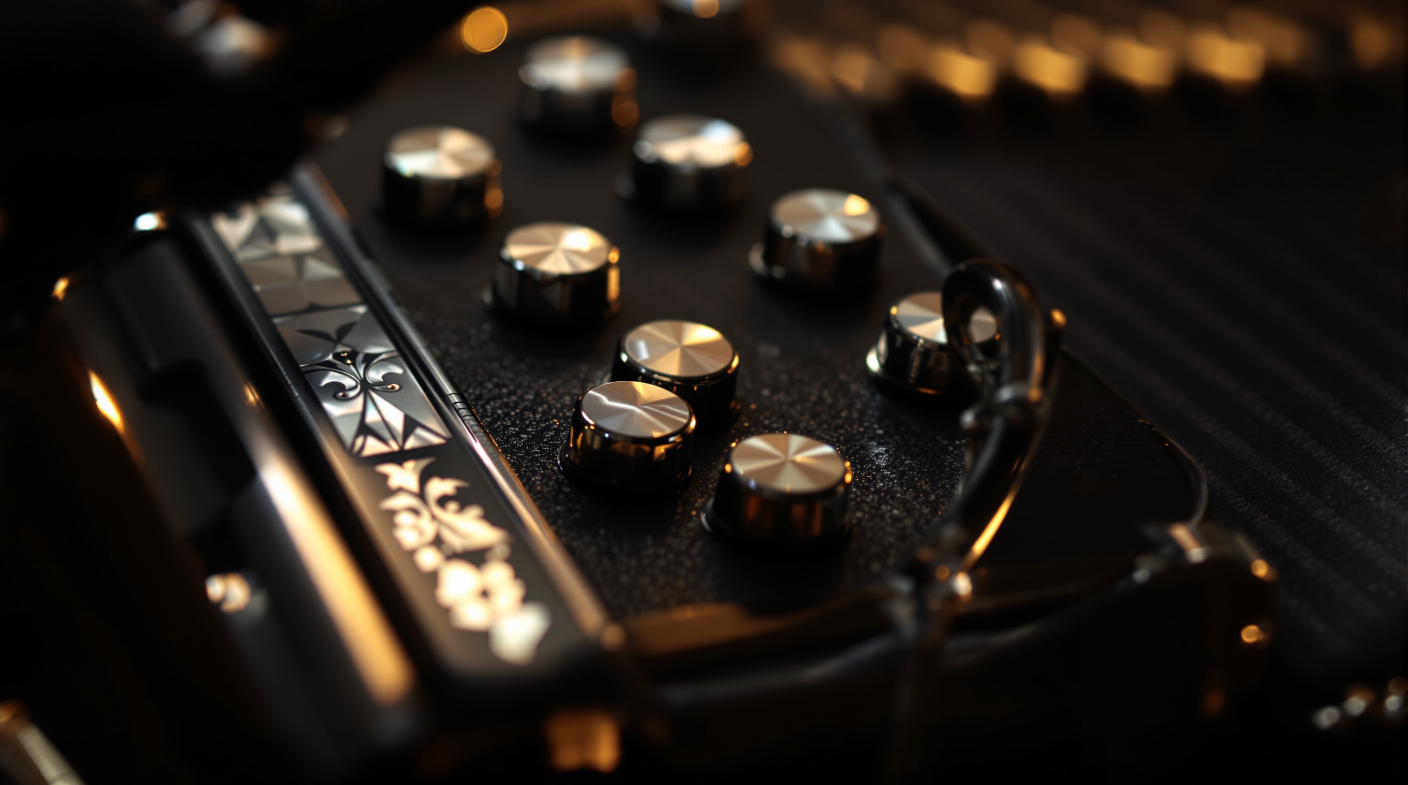 Macro close-up of a bandoneón's pearl buttons and bellows