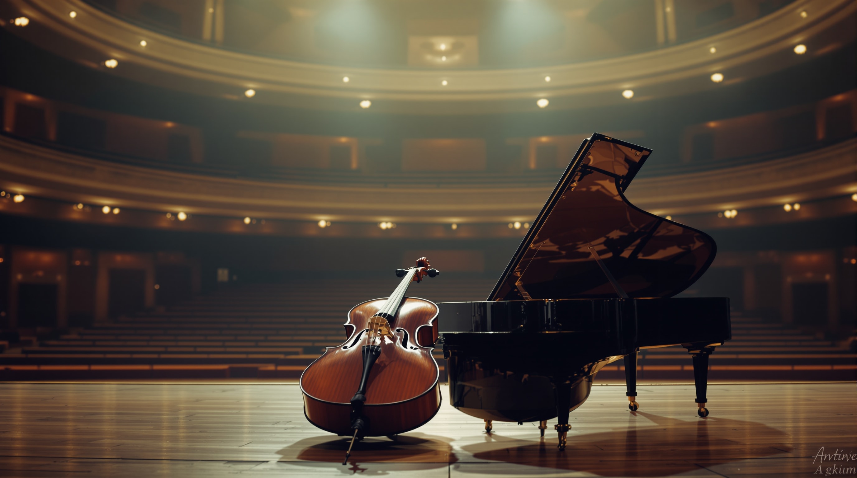 A cello and a bandoneón resting together on a concert hall stage