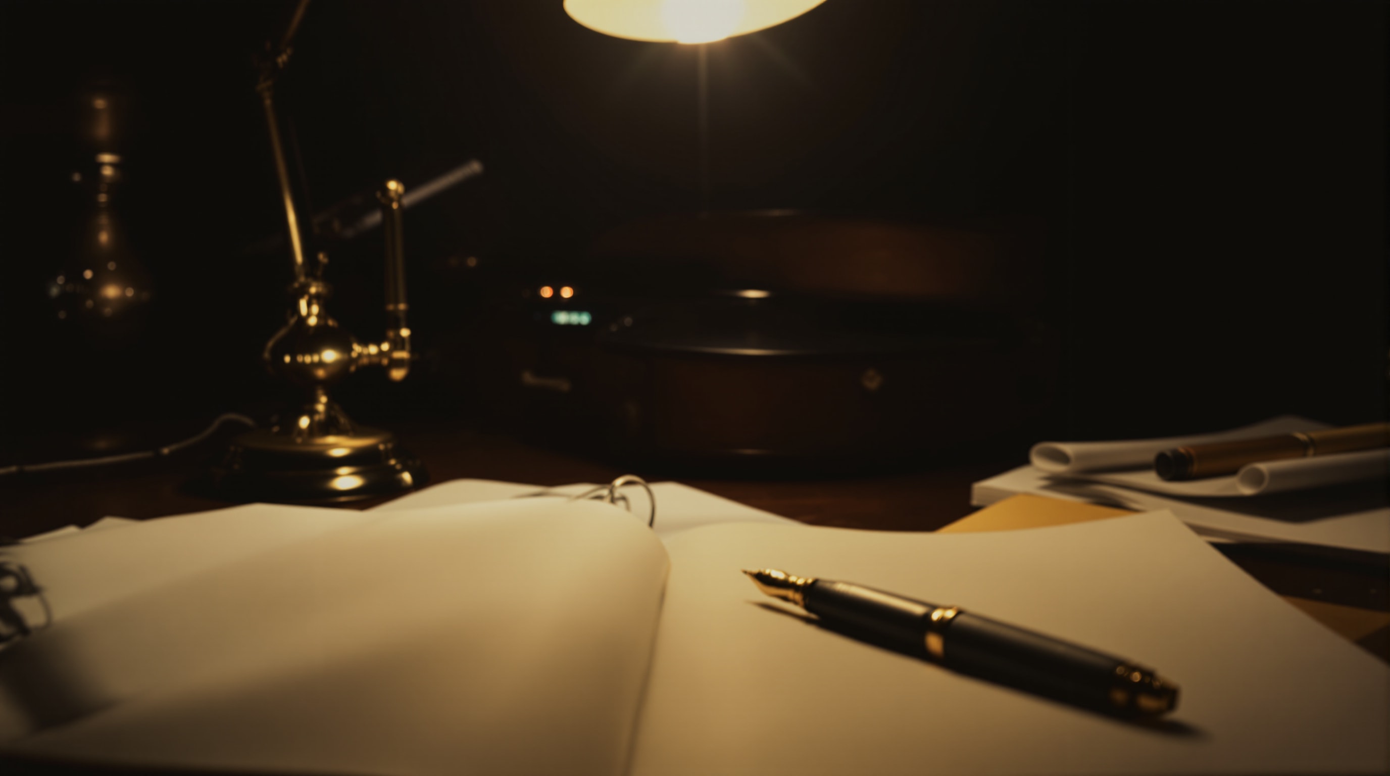 A writer's desk at night with a notebook, lamp and a bandoneón in shadow