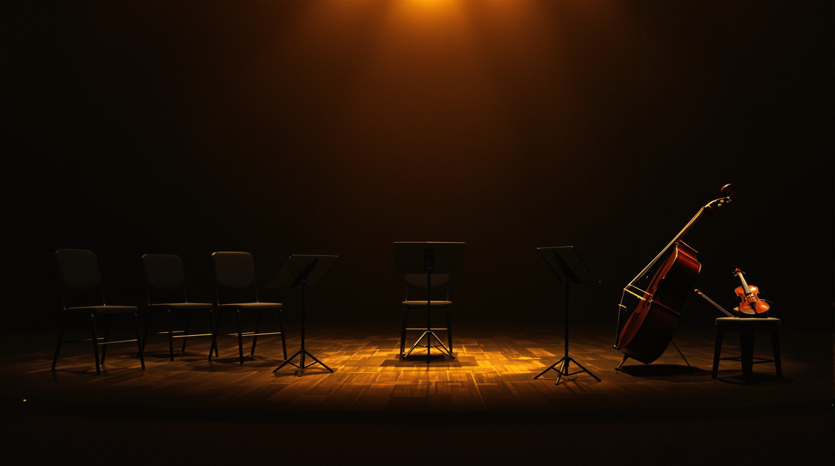 Five empty chairs and music stands on a darkened chamber stage