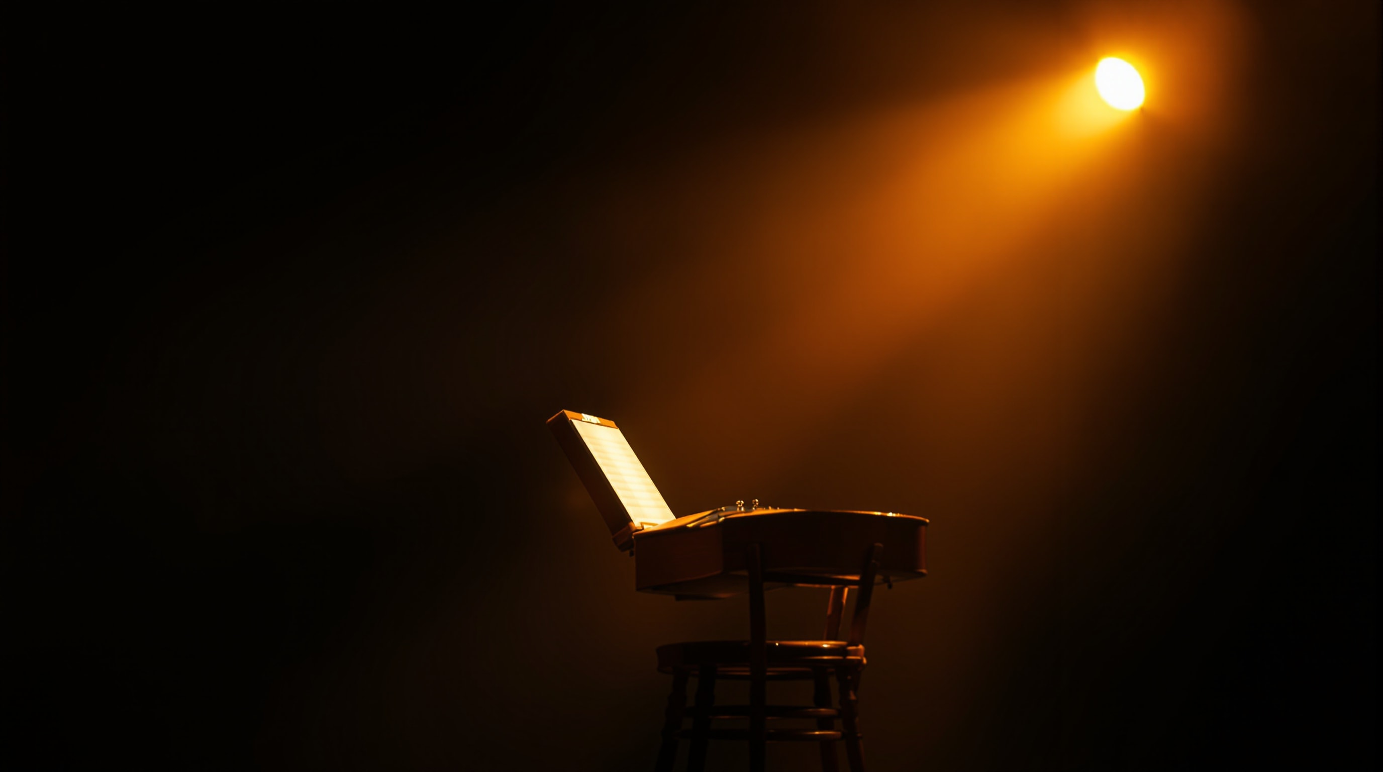 An open bandoneón lit by a single warm spotlight on a dark stage