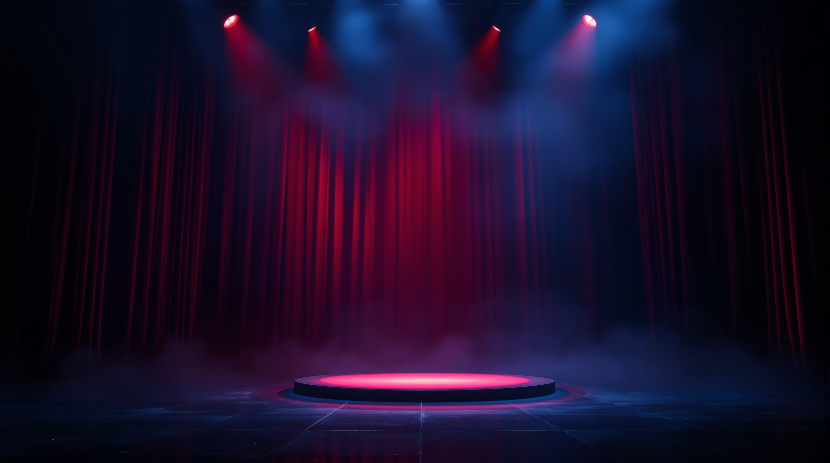 A moody theatrical stage lit in blue and crimson