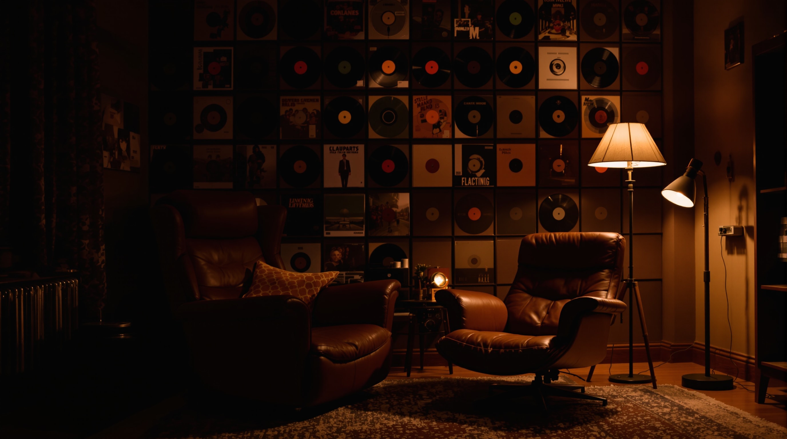 A cozy listening room with a wall of vinyl records and an armchair