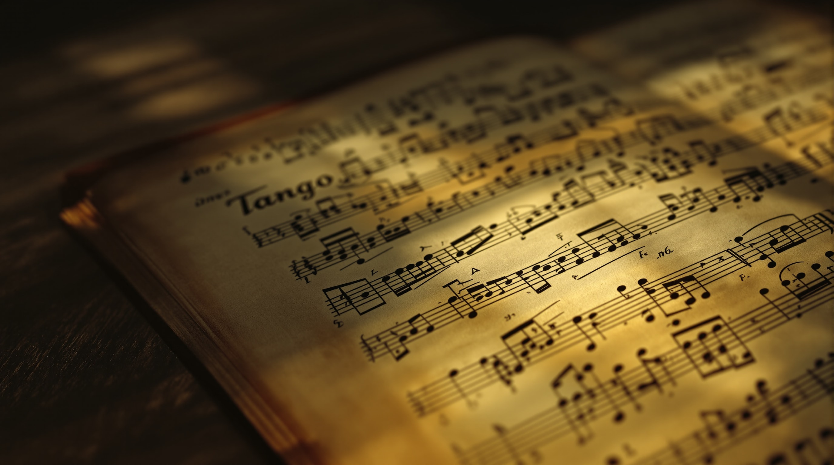 Aged tango sheet music lit by warm lamplight