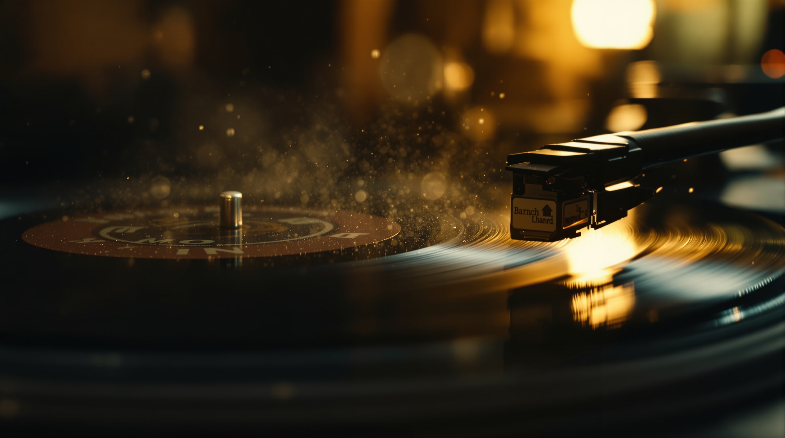 A vinyl record on a vintage turntable in warm light